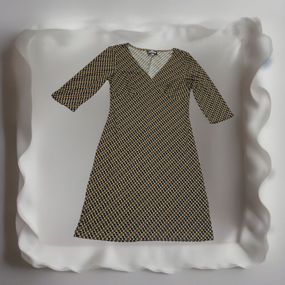Jodi Kristopher Women's Brown/Blue Geometric V-Neck Casual Dress S/M